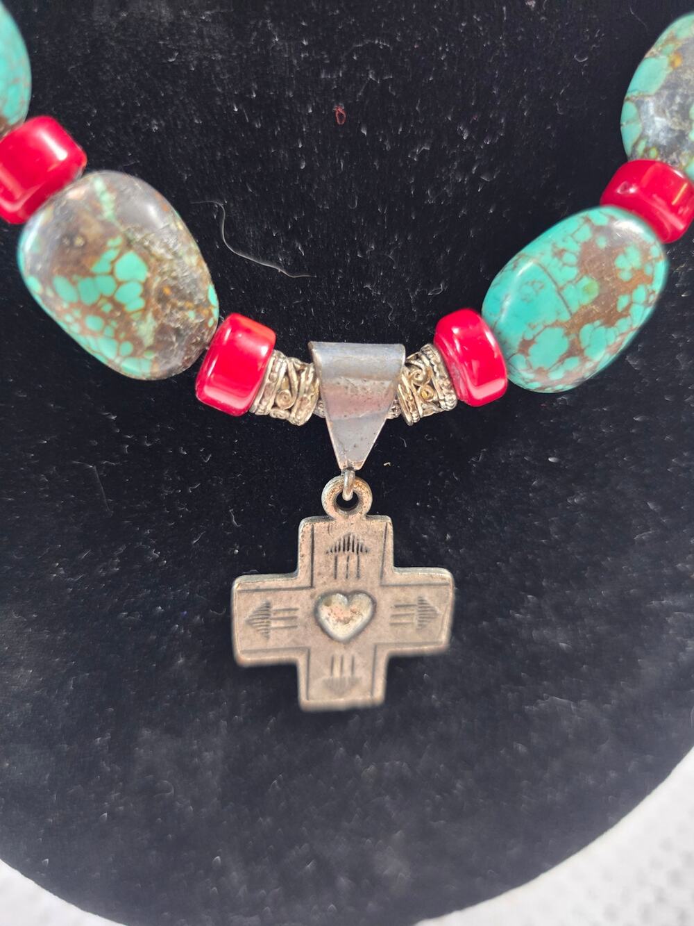 Handcrafted turquoise & red coral chunky cross pendant necklace & earrings
